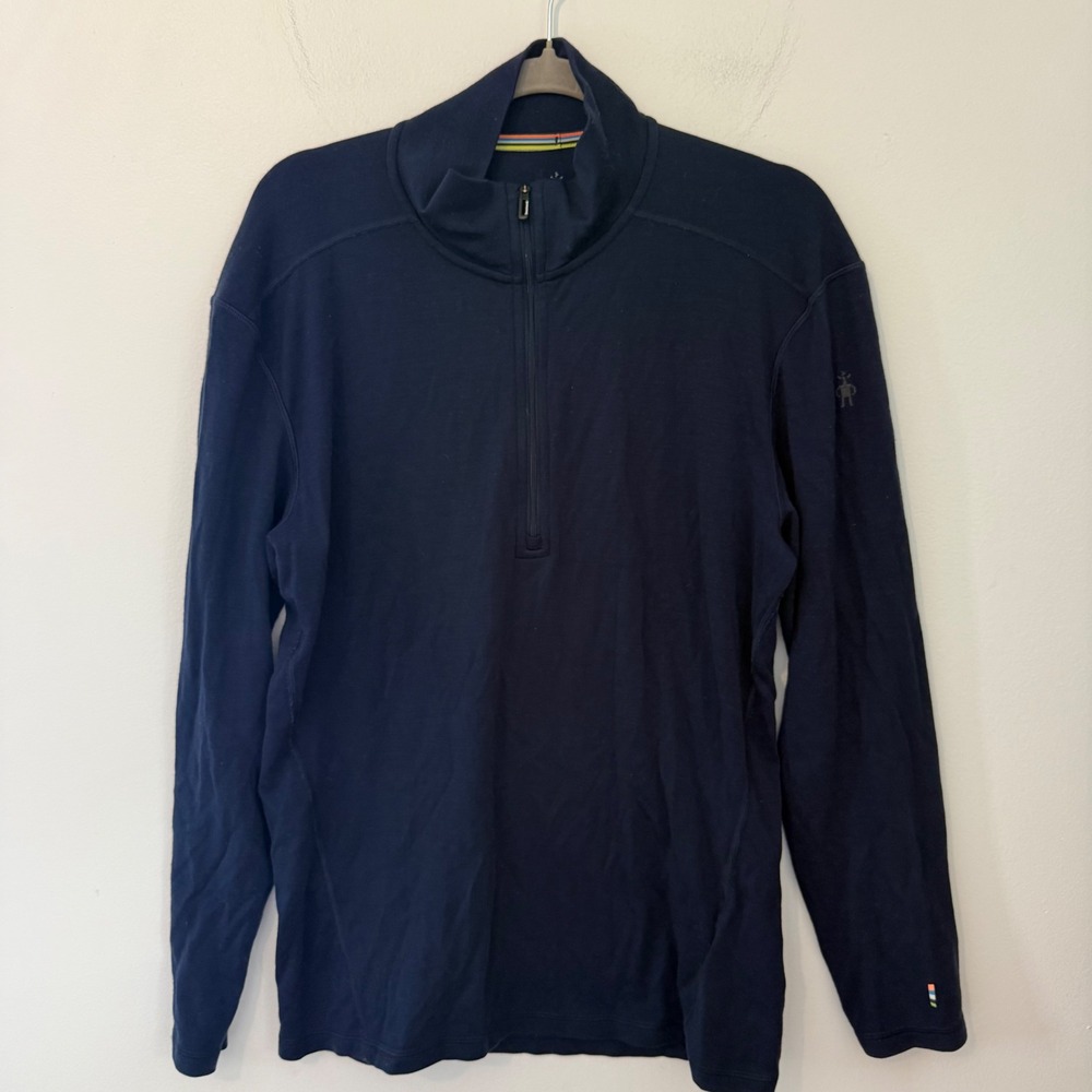 Smartwool Mens Navy Blue 100% Merino Wool Quarter Zip Base Layer Pullover Large